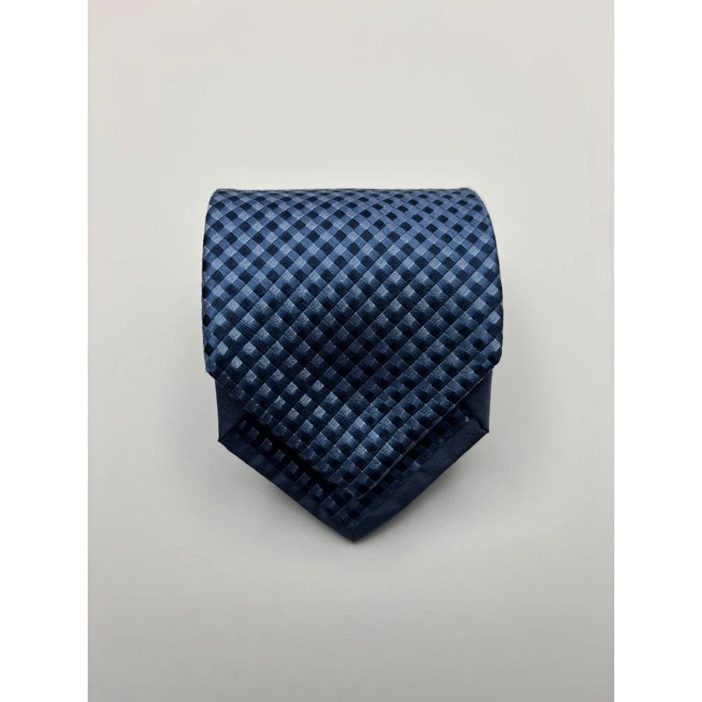 Mens Blue Checkered Woven Necktie Classic Formal Business Dress Tie
